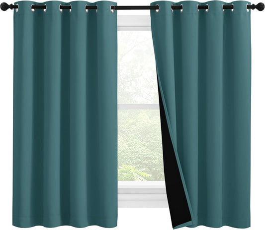 NICETOWN 100% Blackout Curtains with Black Liners, Thermal Insulated 2-Layer Lined Drapes, Room Warming Small Window Draperies for Dining Room (Sea Teal, 2 Panels, 55 inches W by 57 inches L)