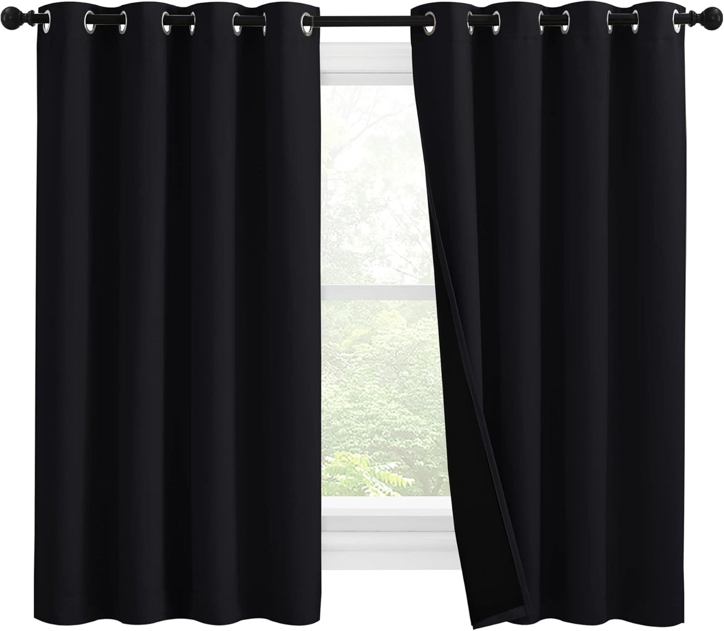 NICETOWN Truly Blackout Curtains 57 inches Length, 2 Thick Layers Completely Blackout Window Treatment Thermal Insulated Lined Drapes for Basement Window (Black, 1 Pair, 55 inches Width Each Panel)
