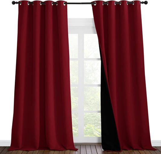 NICETOWN Truly Blackout Drapes for Living Room, Heavy-Duty Full Light Shading Curtain Set with Black Liner Backing for Villa/Hall/Dorm Window（Burgundy Red, Set of 2, 55 inches Wide x 96 inches Long