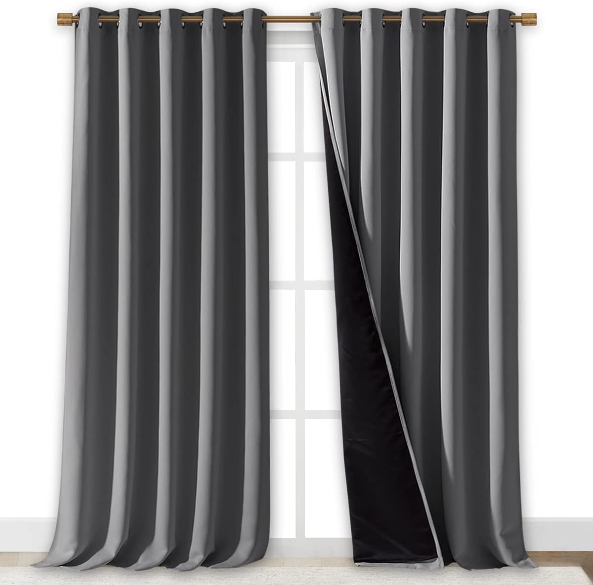 NICETOWN Total Shade Curtains and Draperies, Heavy-Duty Full Light Shading Drapes with Black Liner Backing for Villa/Hall/Dorm Window（Gray, Package of 2 Panels, 70 inches Wide x 95 inches Long