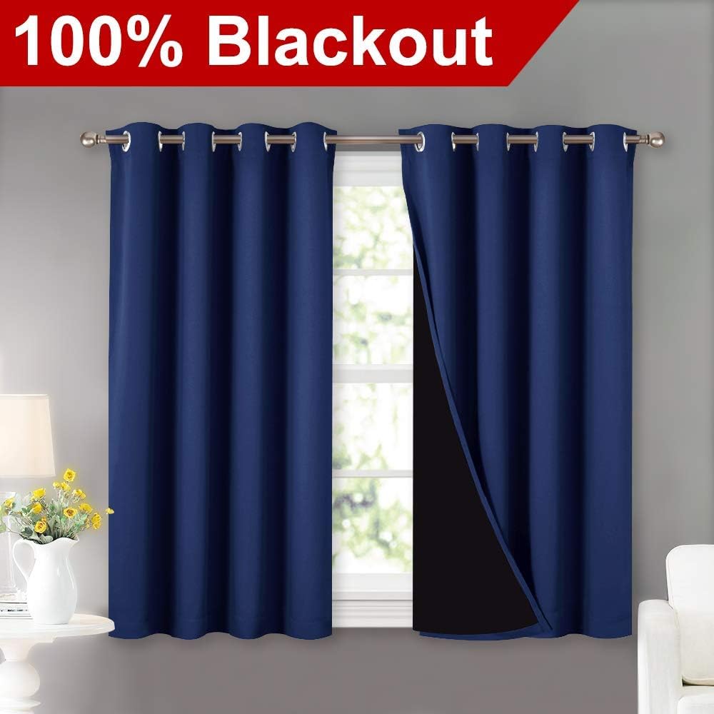NICETOWN 100% Blackout Curtains with Black Liners, Thermal Insulated 2-Layer Lined Drapes, Energy Efficiency Small Window Draperies for Dining Room (Royal Blue, 2 Panels, 52 inches W by 45 inches L)