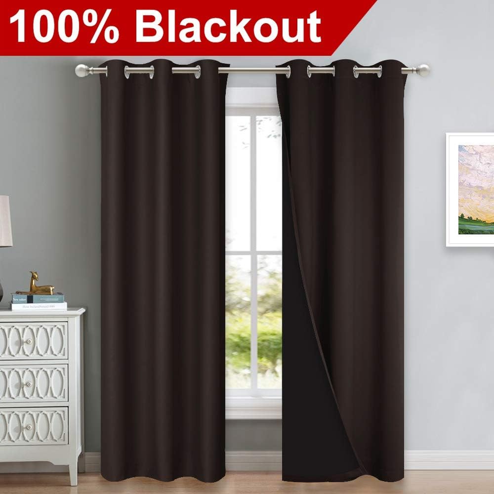 NICETOWN Toffee Brown Full Shade Curtain Panels, Pair of Thermal Insulated & Energy Efficiency Blackout Drapes for Living Room, Lined Silky Performance Window Dressing (37" Wide x 84" Long, Gray)