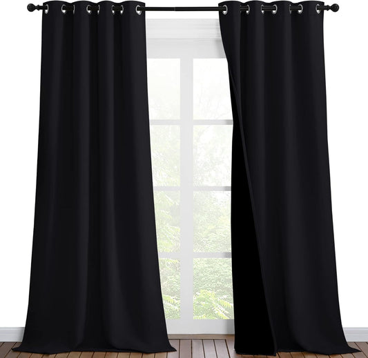 NICETOWN Extra Long Truly Blackout Drapes for Hall and Villa, 46-inch Width Each Panel, 96-inch Length, Black, 2 Pieces, 100% Blackout Window Curtain Panels with Black Lined for Night Shift Worker