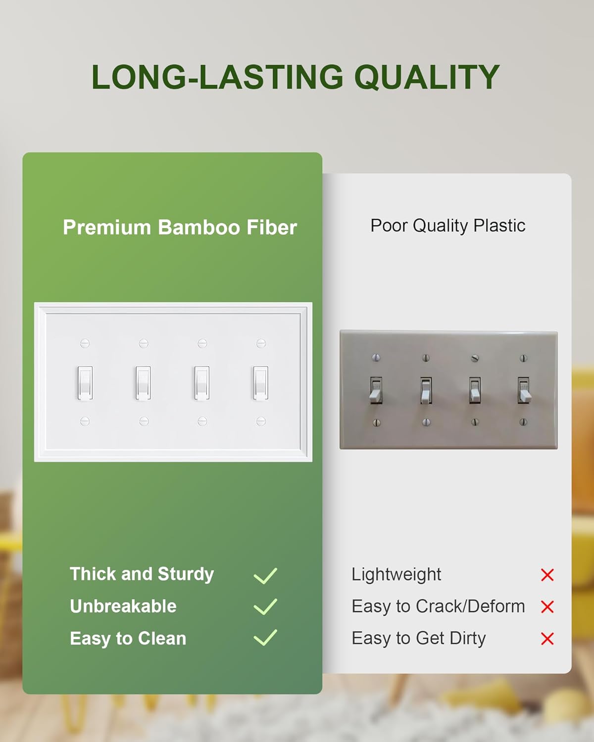 2-Pack Quad Toggle Light Switch Cover Plate, White Decorative Switch Plate Covers, Natural Bamboo Fiber 4 Gang Wall Plate, Corrosion Resistant