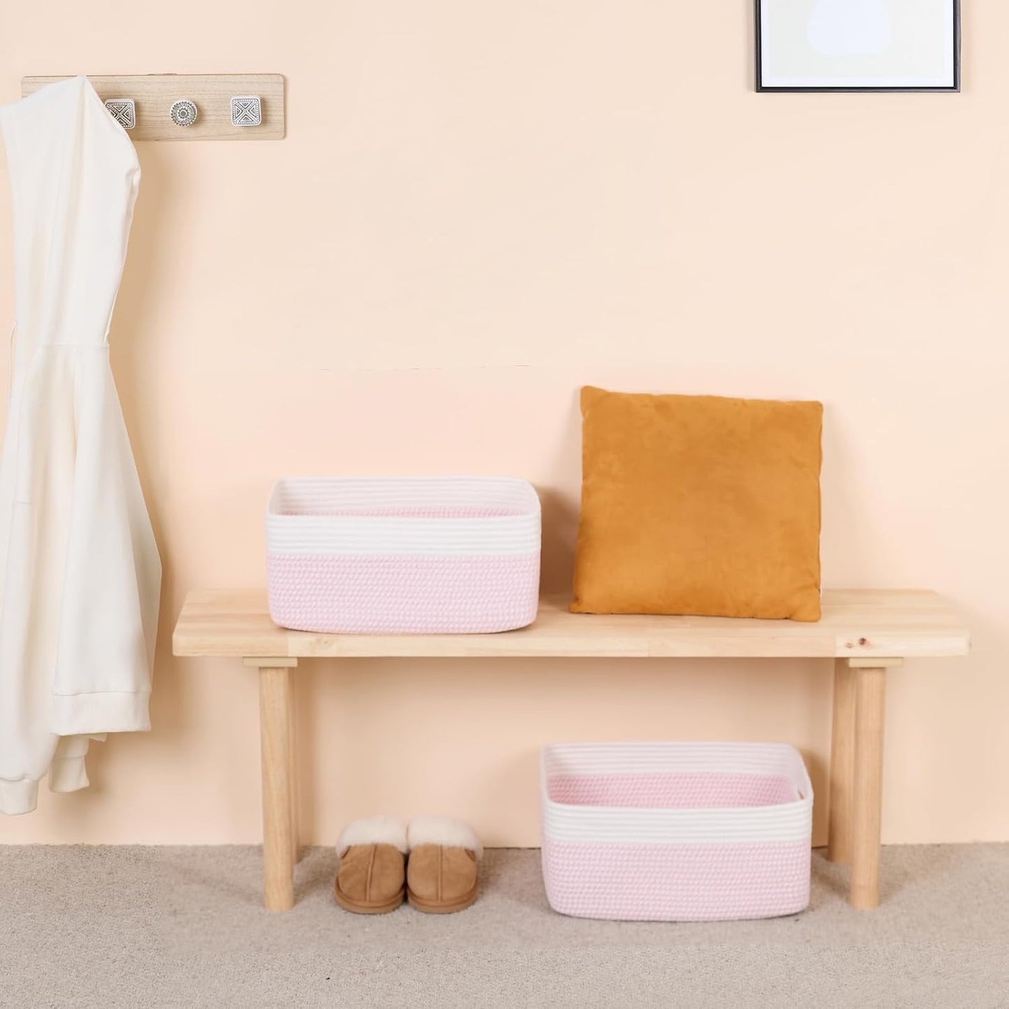 Large Storage Baskets for Shelves, Closet Organizers Bins for Clothes Blanket Towels, Baby Nursery, Toy Baskets Box, Woven Rope Baskets, 17 x 13 x 7.5”, 2 Packs Woven Pink