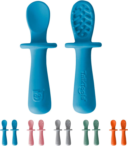 TalkTools ITSY Tiny Silicone Spoons – Twin Pack Soft Silicone Self-Feeding Training Spoons for Kids & Toddlers, Anti-Choking Flange Guard and Non-Slip Handle (Ocean)