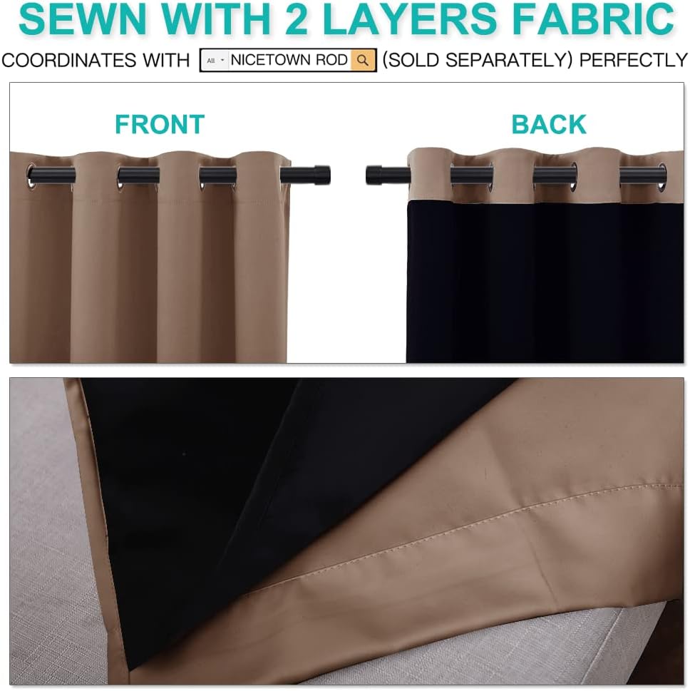 NICETOWN Living Room Completely Shaded Draperies, Privacy Protection & Noise Reducing Ring Top Drapes, Black Lined Insulated Window Treatment Curtain Panels(Cappuccino, 2 Pieces, W52 x L72)