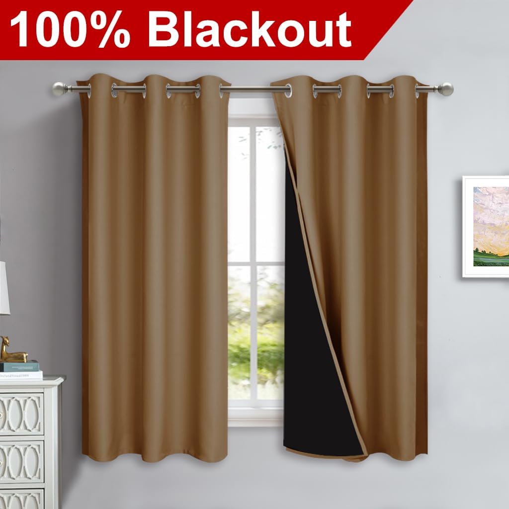 NICETOWN 100% Blackout Short Curtains with Black Liners, 2 Panels, 37" W by 60" L, Gold Brown, Solid Thermal Insulated Full Blackout 2-Layer Lined Drapes, Energy Efficiency Window Drapes for Bedroom