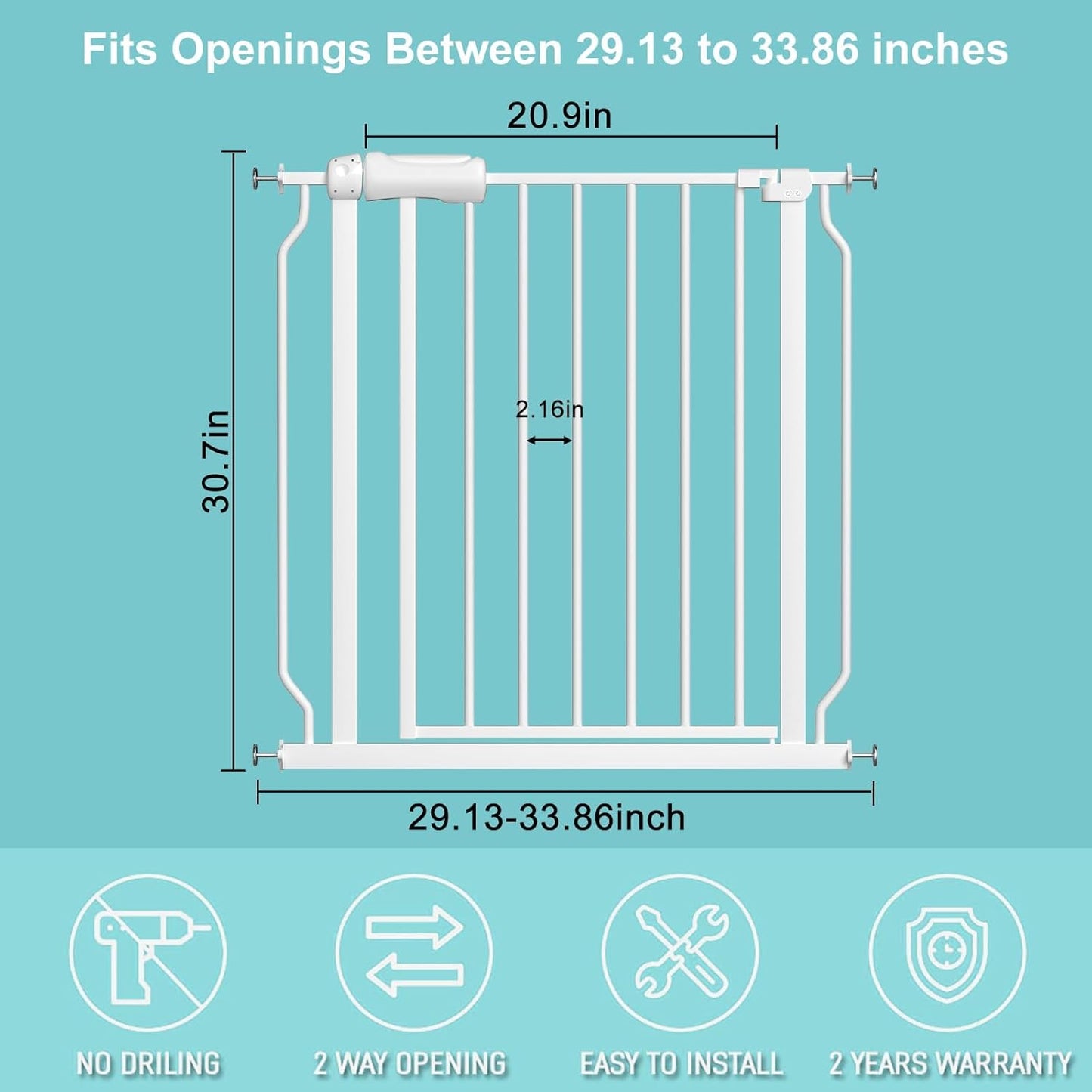 WAOWAO Baby Gate 29.13-33.82" Extra Wide Pressure Mounted Walk Through Swing Auto Close Safety White Metal Toddler Kids Child Dog Pet Puppy for Stairs,Doorways,Kitchen