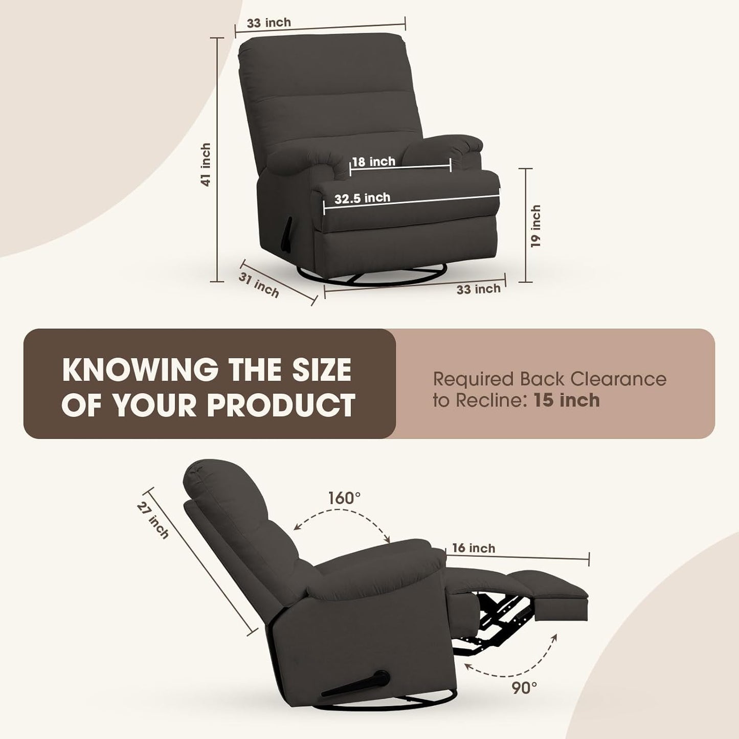 Dark Grey Glider Rocker Recliner,Swivel Rocking Recliner Chair,Glider Rocking Chair,Reclining Sofa Rocking Chair Nursery,23 Inches Deep Seat & 27 inches High Back,for Living Room