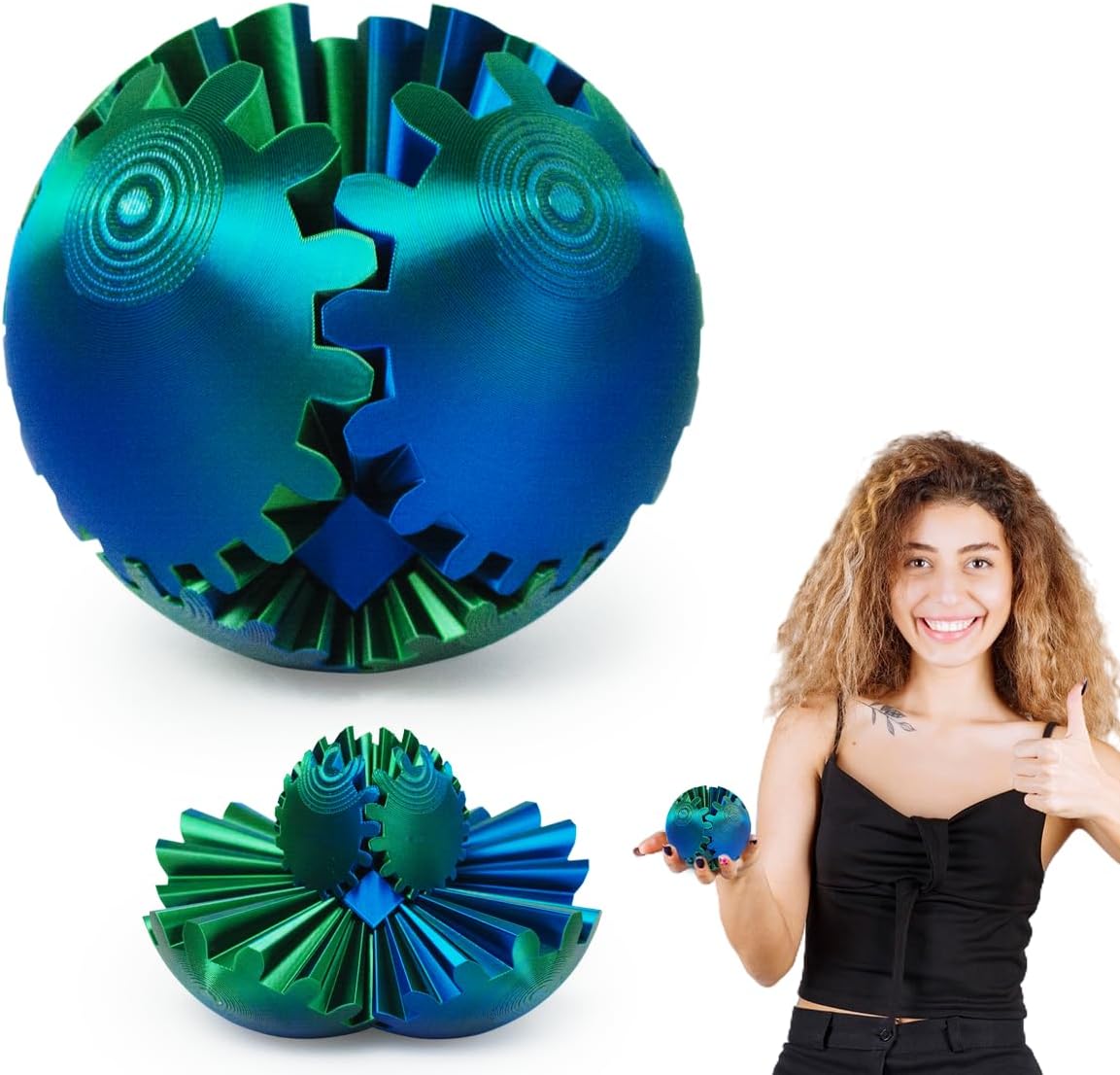 3D Printed Gear Ball ，Gear Ball Spin Ball or Cube Fidget Toy，Gear Sphere Desk Toy,Gift for Stress and Anxiety Relief (blue&green)