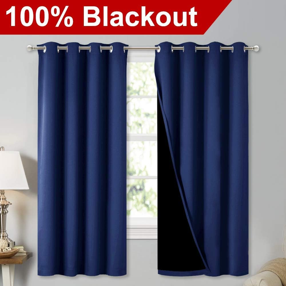 NICETOWN 100% Blackout Curtain Panels, Thermal Insulated Black Liner Curtains for Nursery Room, Noise Reducing and Cold Blocking Drapes for Windows (Royal Blue, Set of 2, 52-inch Wide by 63-inch Long)