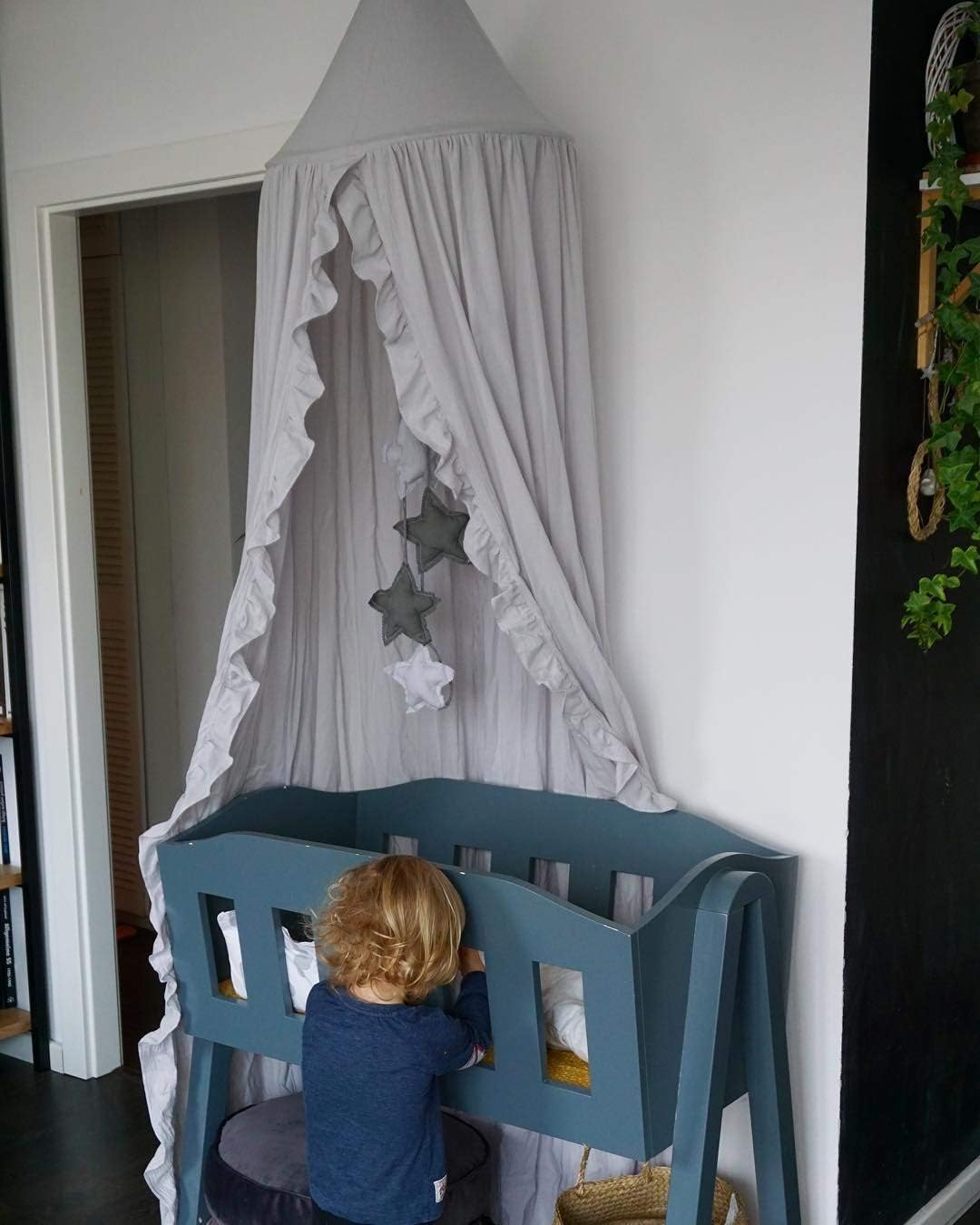 Bed Canopy with Frills Reading Nook Game Tent for Kids Boho Hanging Net Play Room Decor(Light Grey)