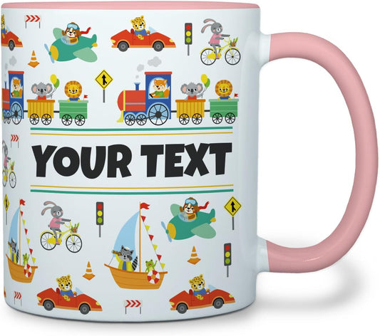 Personalized Mug for Kids - Vehicles - Custom Name/Text, Ceramic Hot Chocolate/Cocoa/Coffee Cup for Boys, Birthday/Christmas/Holiday Gift - 11 oz, Pink Handle