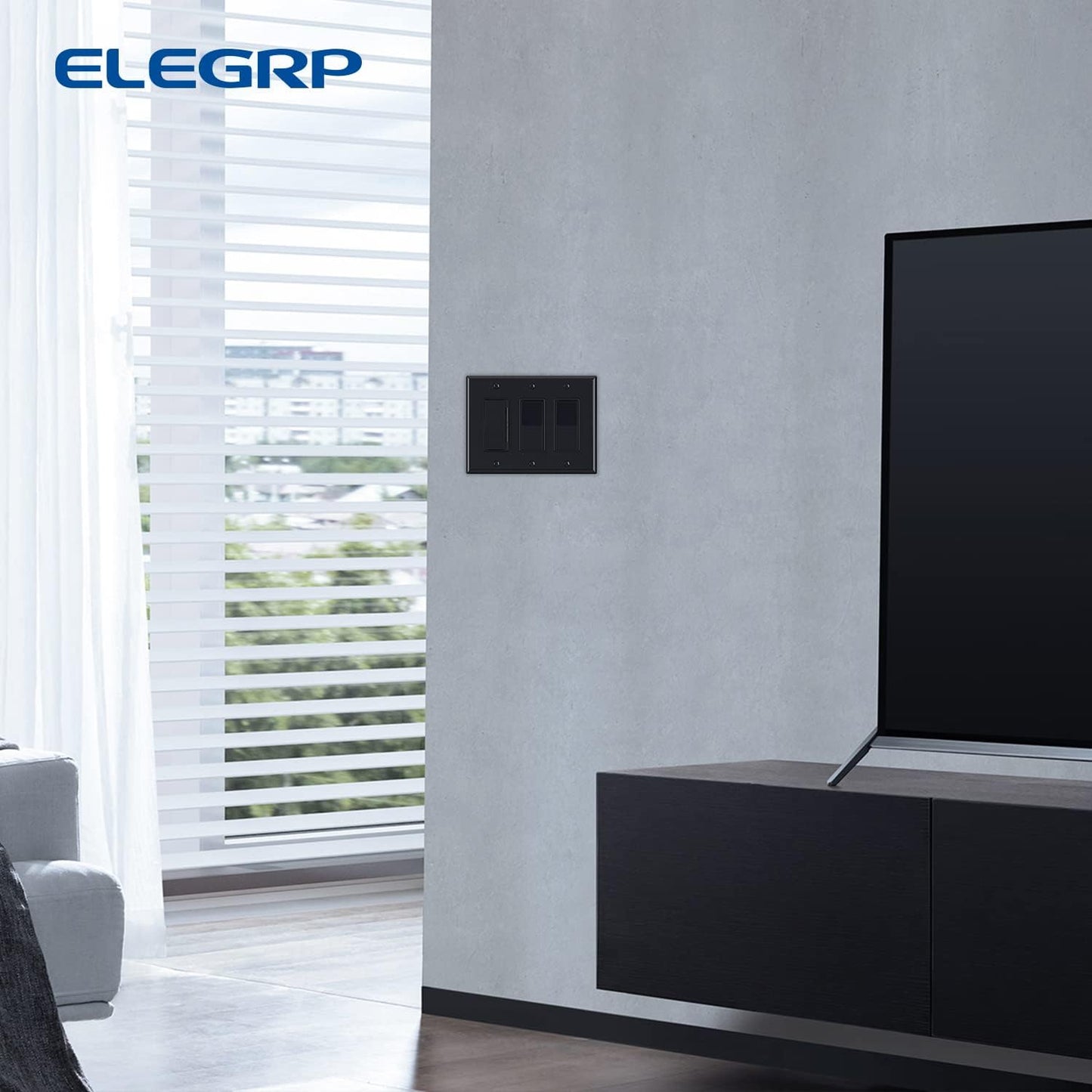 ELEGRP 3-Gang Decorative Wall Plates, Mid-Size 4.88" H x 6.75" L Unbreakable Thermoplastic Faceplate Cover for Decorator Receptacle Outlet Switch, UL Listed (2 Pack, Glossy Black)