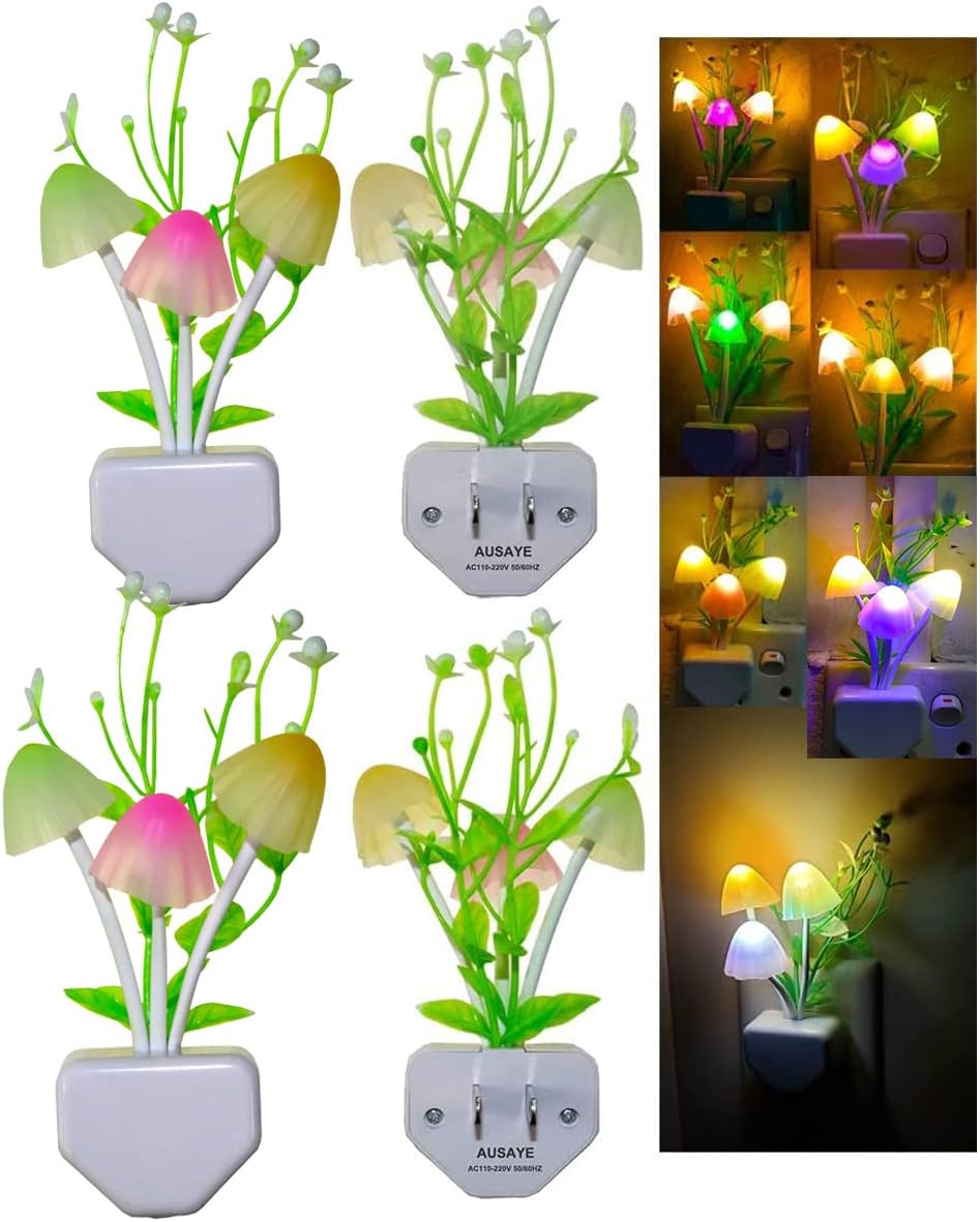 AUSAYE 4 Pack Plug in Night Light, Color Changing Mushroom Light LED Nightlights with Smart Dusk to Dawn Sensor for Kids, Adults, Bedroom, Bathroom,Hallway, Stairs, Kitchen