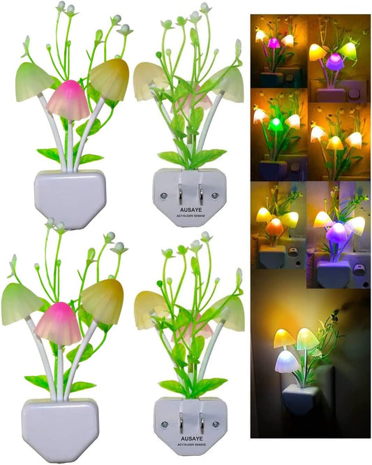 AUSAYE 4 Pack Plug in Night Light, Color Changing Mushroom Light LED Nightlights with Smart Dusk to Dawn Sensor for Kids, Adults, Bedroom, Bathroom,Hallway, Stairs, Kitchen