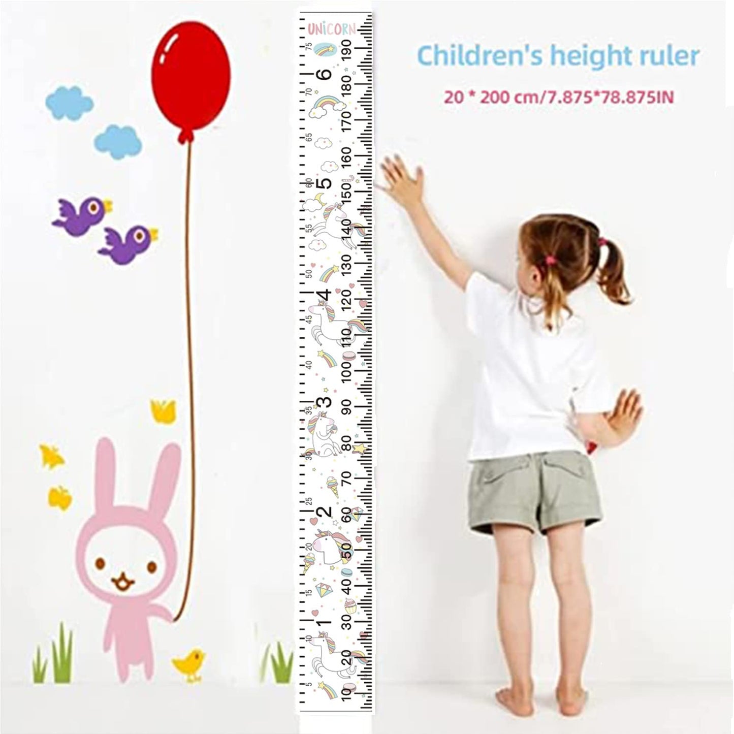 Growth Chart Wall Hanging, Portable Kids Wall Ruler Removable Height Measure Chart for Boys Girls Growth Ruler from Baby to Adult for Child's Room Decoration 79''7.9'' (Rainbow Unicorn)