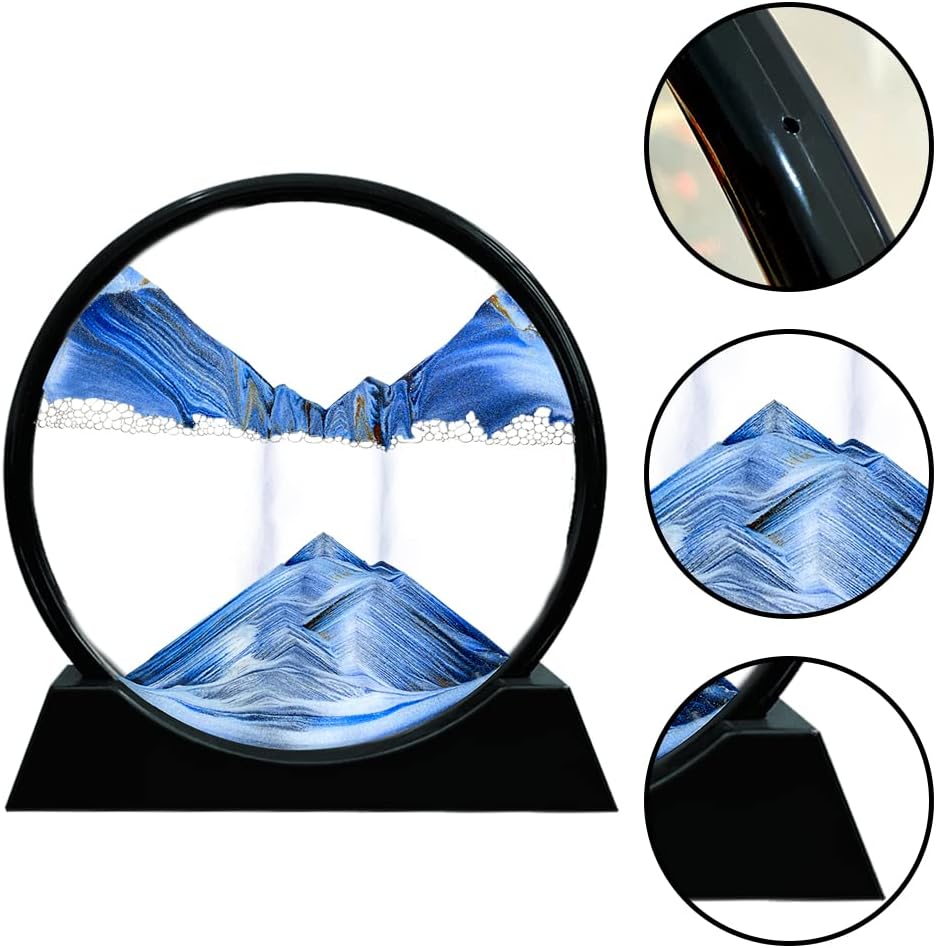Aoderun Moving Sand Art Picture Round Glass 3D Deep Sea Sandscape in Motion Display Flowing Sand Frame Relaxing Desktop Home Office Work Decor (12", New blue)