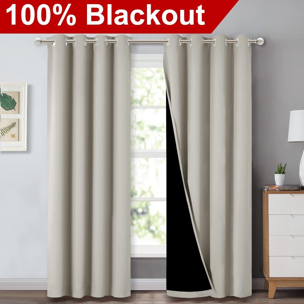 NICETOWN 100% Blackout Window 84in Curtain Panels, Cold and Light Blocking Drapes with Black Liner (Natural, 2 Pieces, 52 “ Wide per Panel)