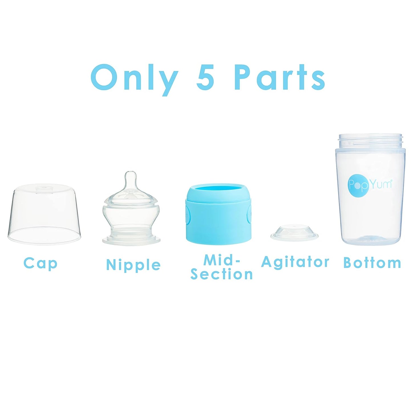 PopYum Blue Formula Making Baby Bottle Starter Set, 4-Pack, 2X 5oz Bottles with #1 Slow Flow Nipples + 2X 9oz Bottles with #2 Medium Flow Nipples, Mixing, Dispenser