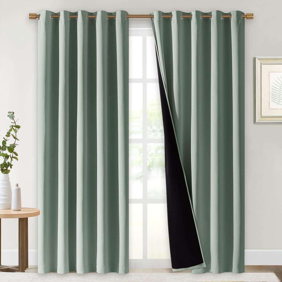 NICETOWN 100% Blackout Window Curtain Panels, Cold and Full Light Blocking Drapes with Black Liner for Nursery, 84" Drop Thermal Insulated Draperies (Greyish Green, 2 Pieces, 70" Wide Each Panel)