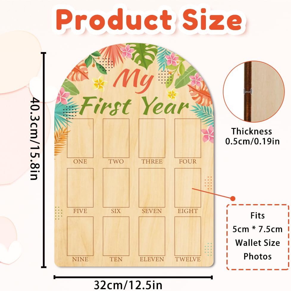ORIGACH My First Year Baby Growth Photo Display Wood Board - 12 Months Newborn Milestones Photo Board - Neutral Baby Keepsake Board 1st Birthday Party Nursery Decor New Mom Gift - Tropical Leaves