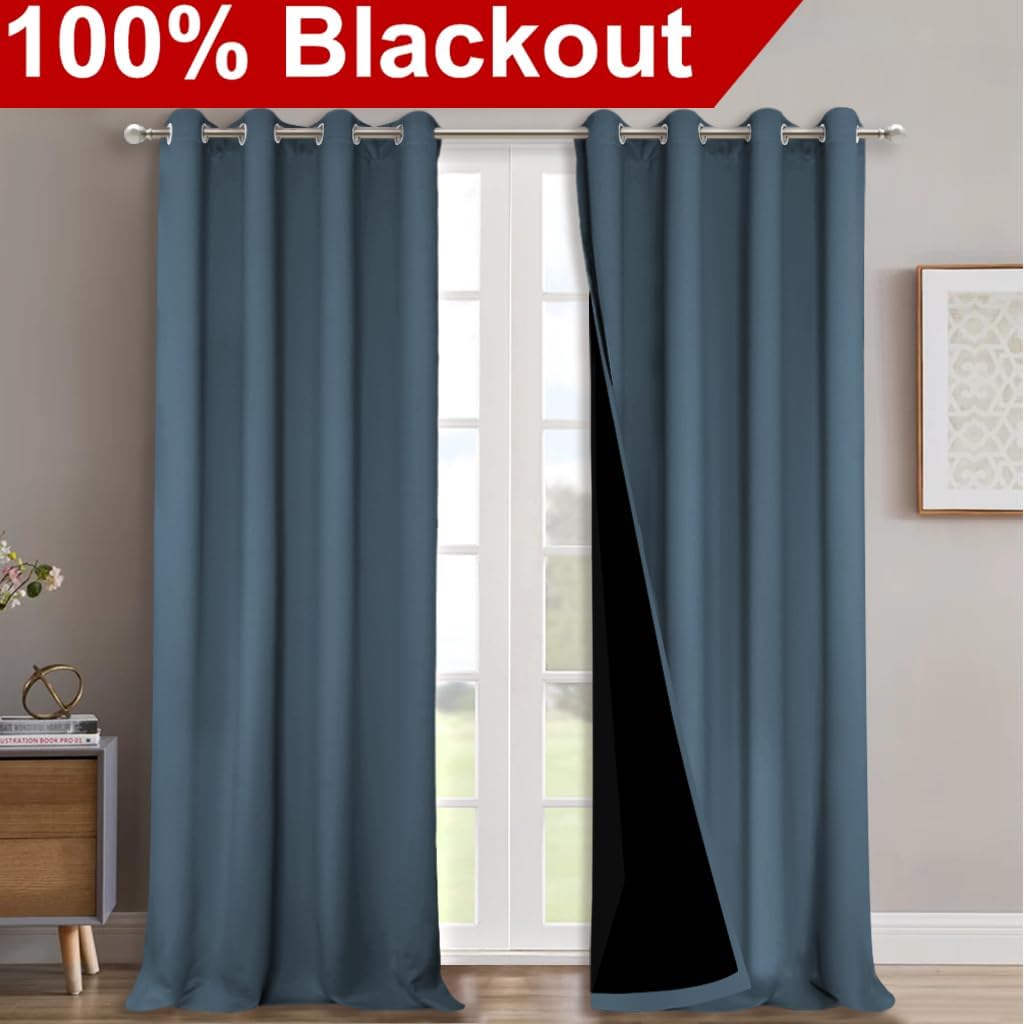 NICETOWN Full Shading Curtains 90 inches Long 2 Panels Set for Windows, Smoky Blue, Pack of 2, 52 inches W, Super Heavy-Duty Black Lined Blackout Curtains for Bedroom, Privacy Assured Window Treatment