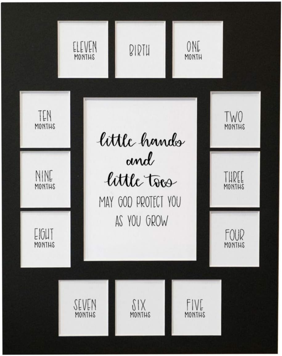 Rustic Red Door Co. Baby's First Year Picture Mat - No Frame - Little Hands and Little Toes Photo Collage - 13 Picture Slots - Newborn Birth to One Year Birthday - Watch Your Baby Grow (Black Mat)