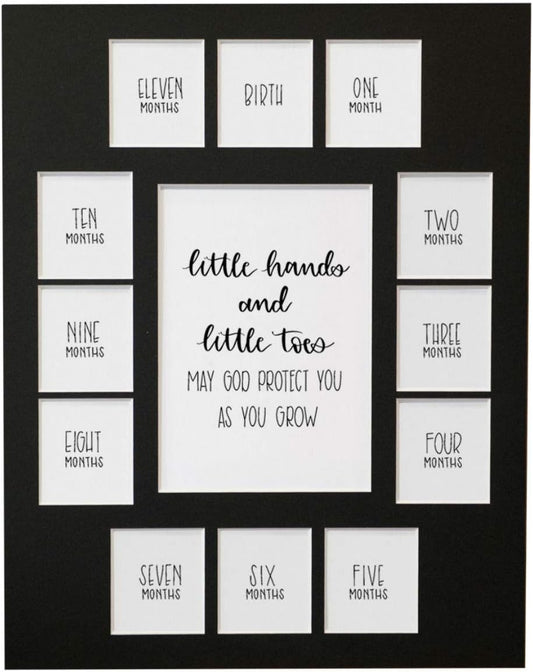 Rustic Red Door Co. Baby's First Year Picture Mat - No Frame - Little Hands and Little Toes Photo Collage - 13 Picture Slots - Newborn Birth to One Year Birthday - Watch Your Baby Grow (Black Mat)