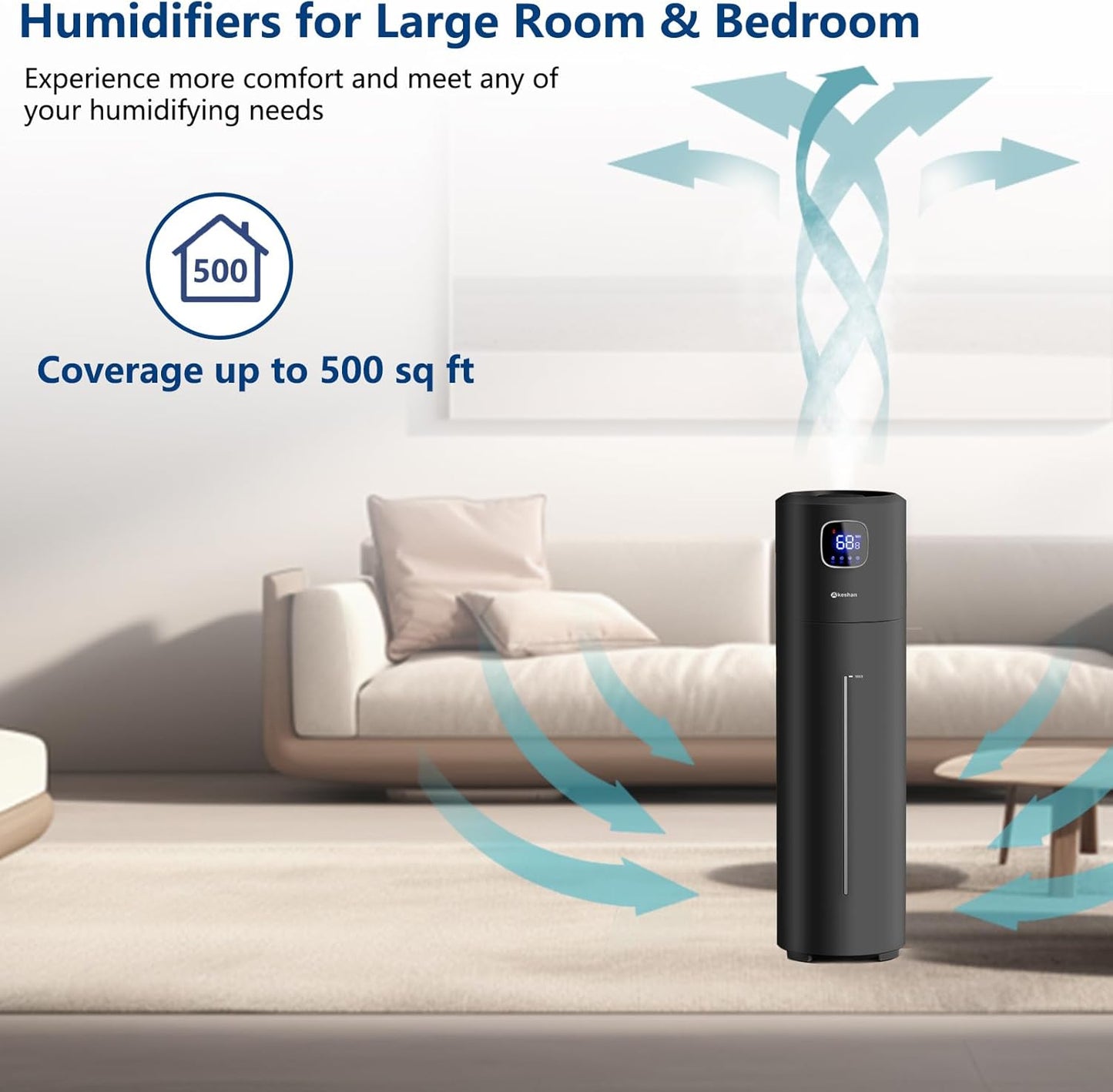 Large Humidifiers for Bedroom, 9L/2.5Gal Ultrasonic Cool Mist, Easy Clean with 350ML/H Large Mist Speed, Quiet Tower, Suitable for Kids Room Plant Yoga (Black)