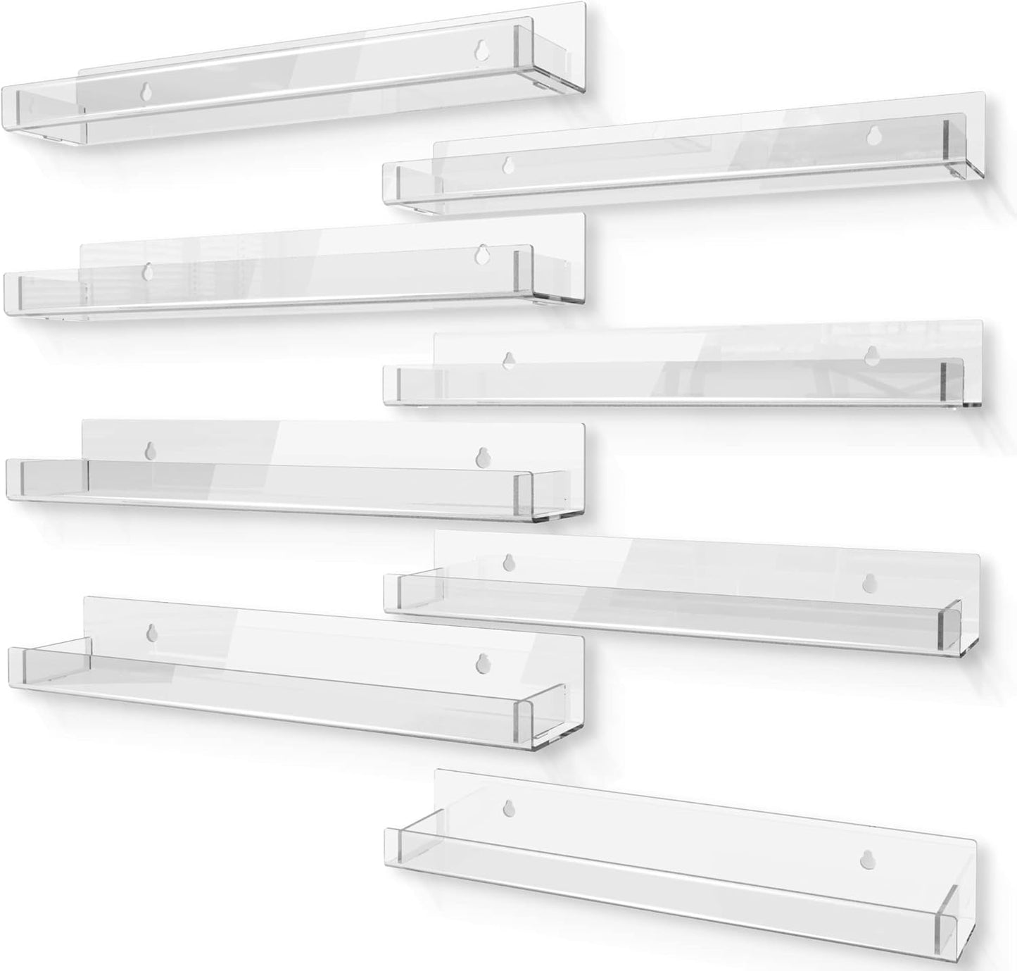8 Pack 15 Inch Clear Acrylic Shelves, Clear Kids Floating Bookshelf for Kids Room, Modern Nail Polish Rack Sunglasses Essential Oil Picture Ledge Display Toy Storage Wall Shelf