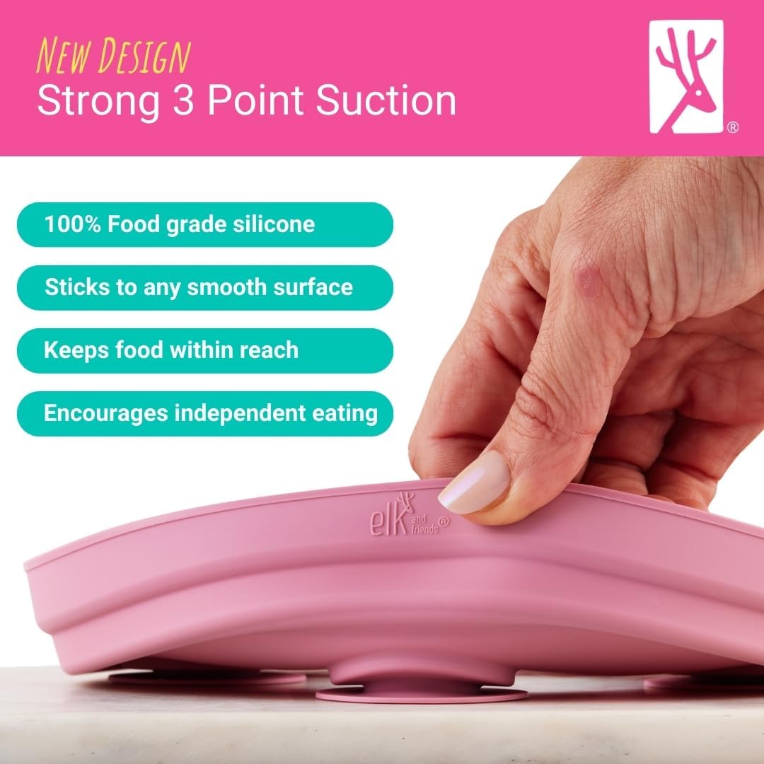 Elk and Friends Kids 6.7” Porcelain Divided Plates with Silicone Suction Sleeves | Suitable for Babies/Kids/Toddlers | Microwave & Dishwasher Safe | Non Slip | Snack Dishes | 4 Pack