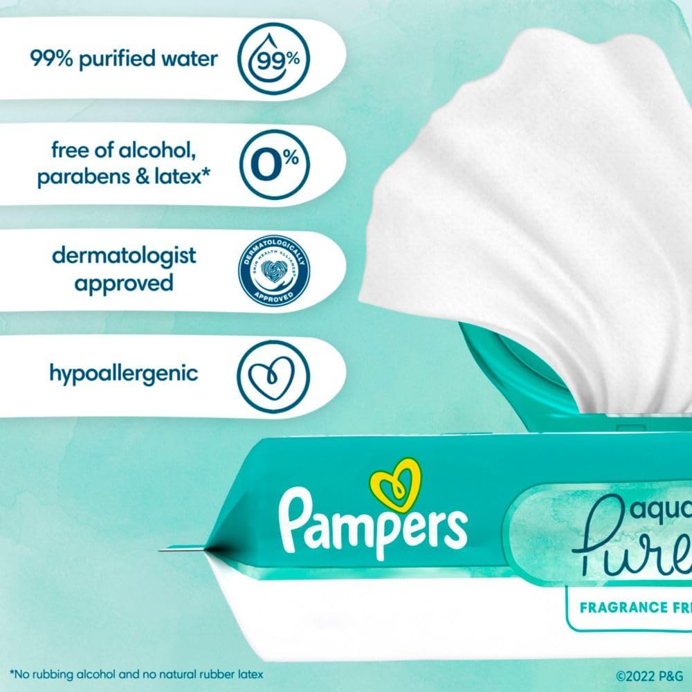 Pampers Baby Wipes Aqua Pure, 99% Water Based Wipes, Hypoallergenic and Unscented Infant Wipe, 336 Total (6 Flip-Top Packs)