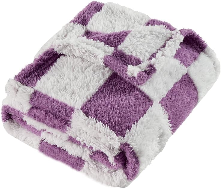 Fleece Baby Blanket for Girls 3D Checkerboard Design, Warm Cozy and Fluffy Infant Newborn Toddler Small Receiving Blankets for Crib Stroller, 30x40 Inches, Purple