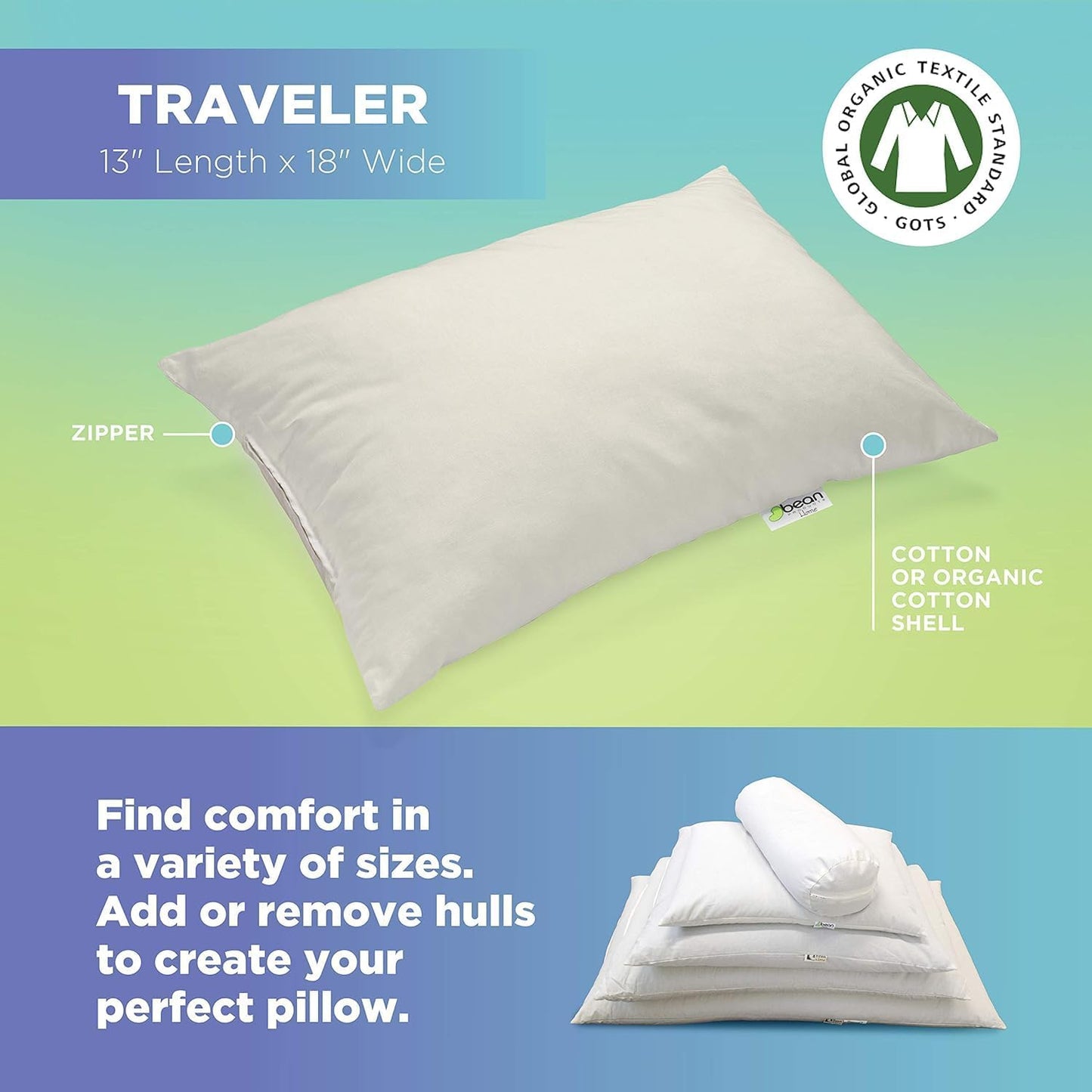 Bean Products Travel Bed Pillow for Sleeping – Organic Millet Fill with Organic Cotton Fabric, Soft Toddler Head Pillow – Eco-Friendly, Breathable, and Durable Sleep Aid, Made in The USA, 13" x 18"