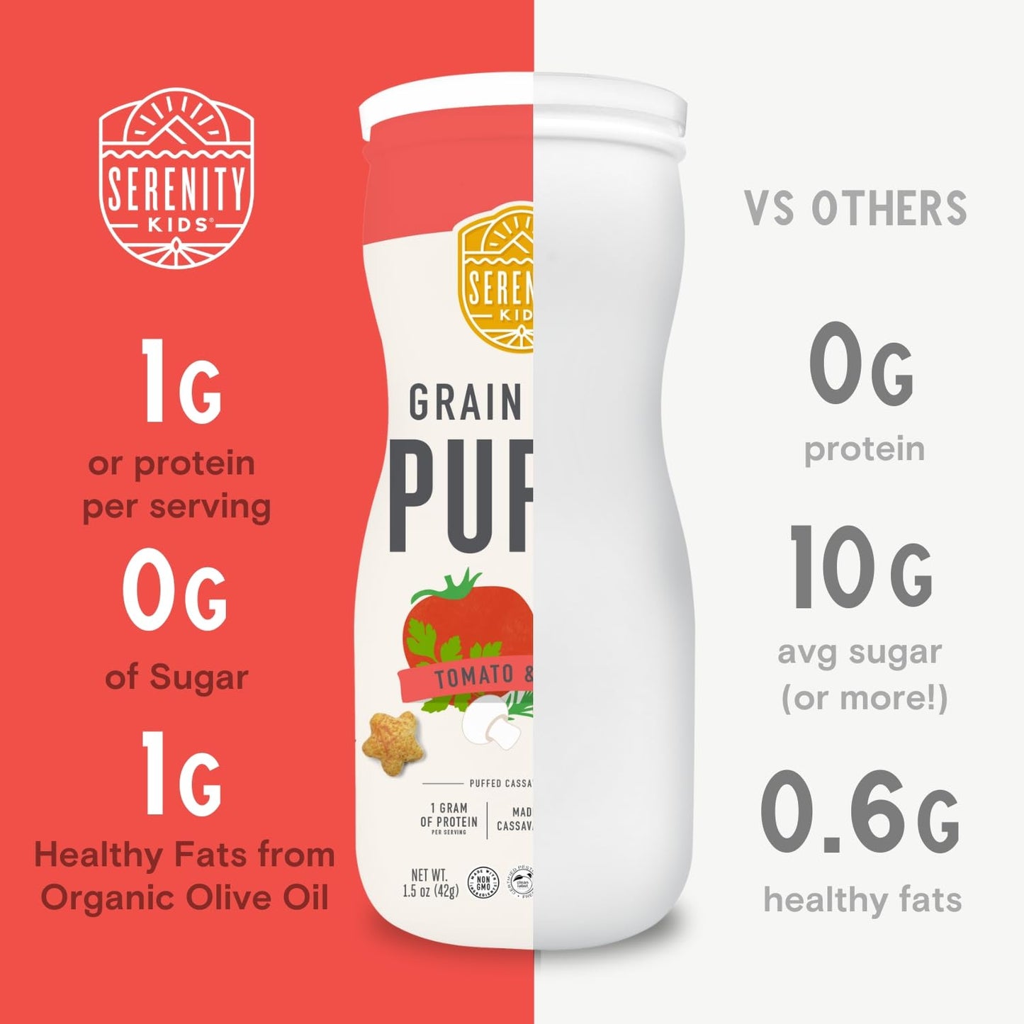 Serenity Kids 6+ Months Grain Free Puffs Toddler & Baby Snack | No Added Sugar, Gluten & Rice Free, Allergen Free | Made with Organic Cassava, Veggies, and Herbs | Tomato & Mushroom | 1 Count