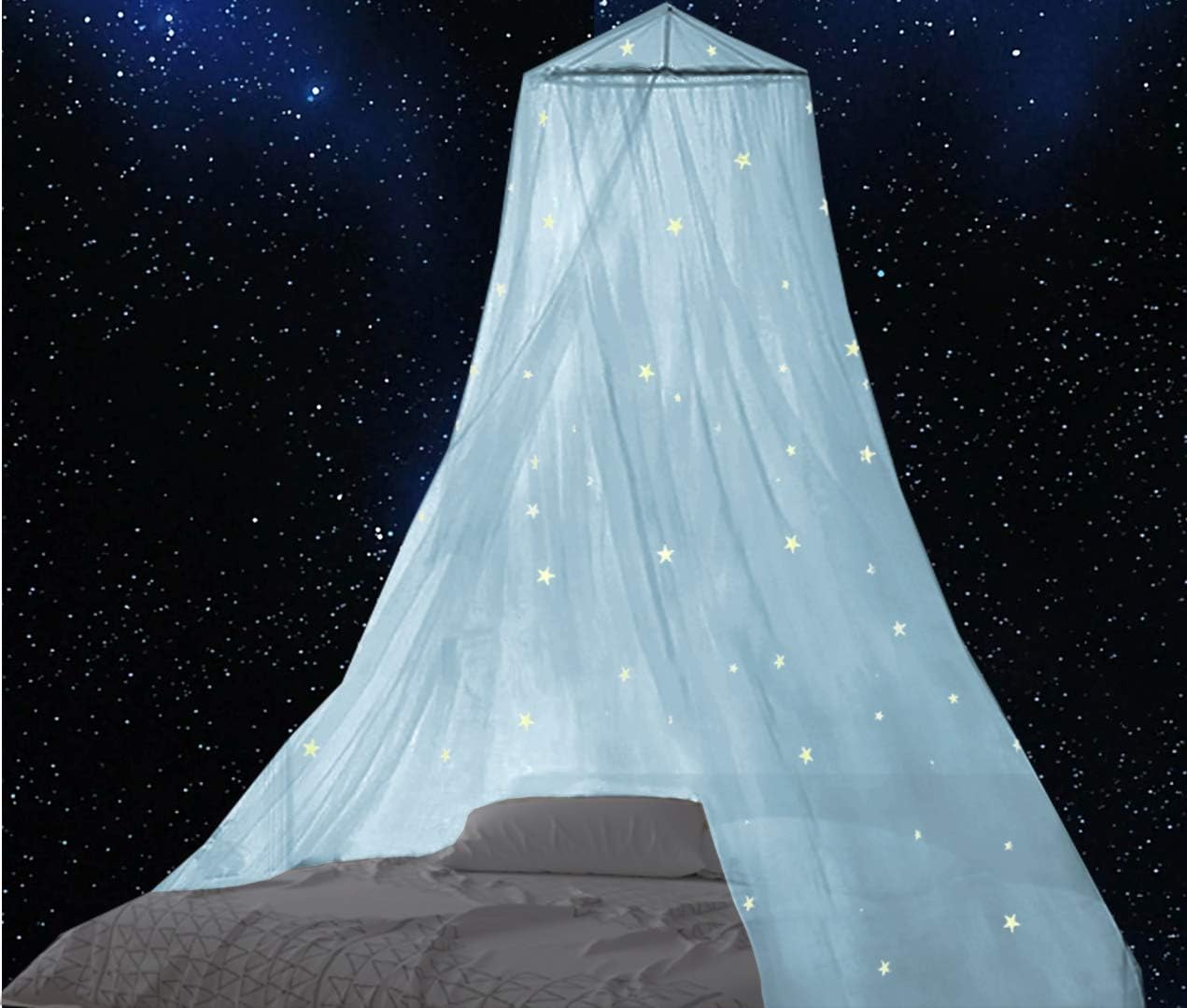 BCBYou Bed Canopy Mosquito Net with Fluorescent Stars Glow in Dark for Baby, Kids, and Adults, for Cover The Baby Crib, Kid Bed, Girls Bed Or Full Size Bed (Light Blue)