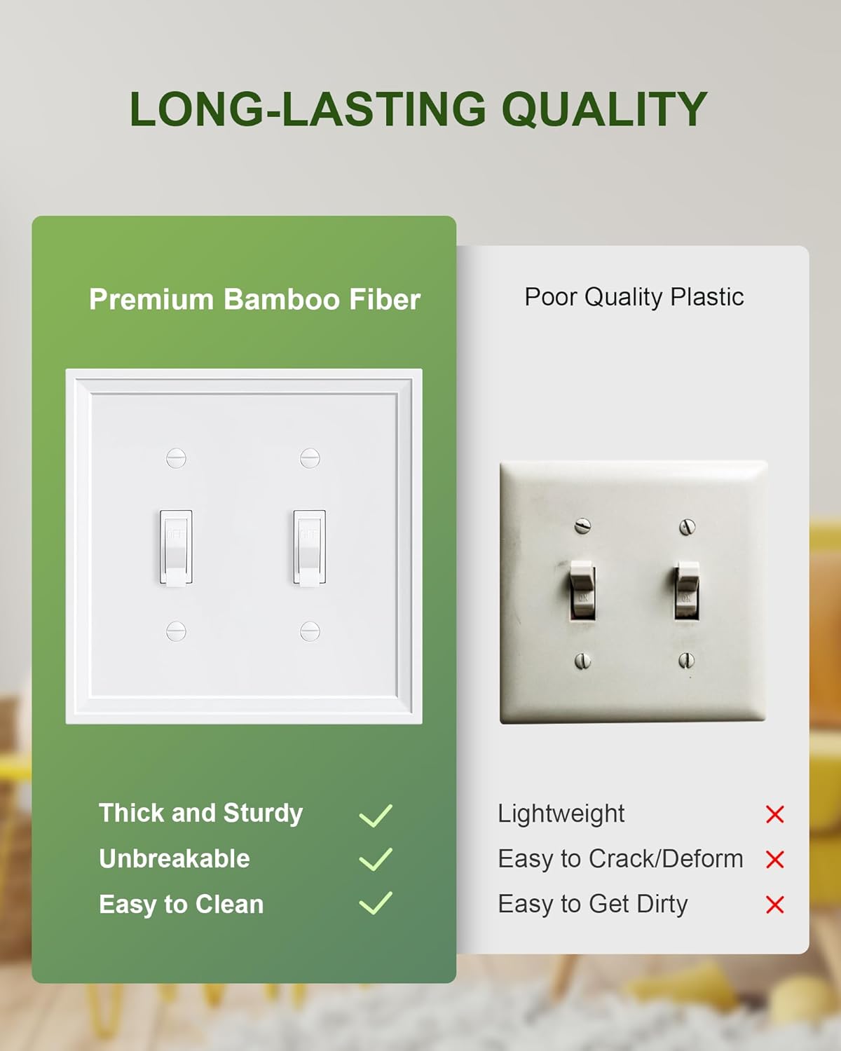 2-Pack Double Toggle Light Switch Cover Plate, White Decorative Dual Switch Plate Covers,Natural Bamboo Fiber 2 Gang Wall Plate, Corrosion Resistant