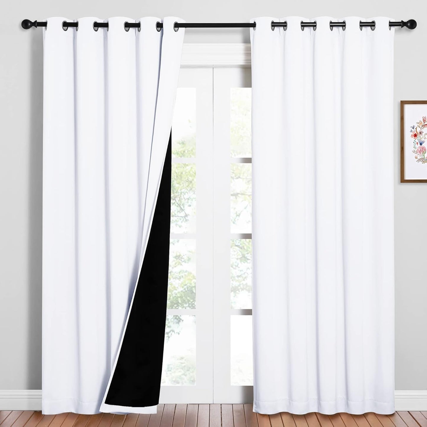 NICETOWN 100% Blackout Window Curtain Panels, Cold and Full Light Blocking Drapes with Black Liner for Nursery, 84 inches Drop Thermal Insulated Draperies (White, 2 Pieces, 62 inches Wide Each Panel)