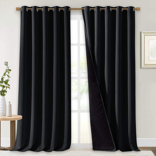 NICETOWN Extra Long Truly Blackout Drapes for Hall and Villa, 100% Blackout Window Curtain Panels with Black Lined for Night Shift Worker, 70-inch Width Each Panel, 108-inch Length, Black, 2 Pieces