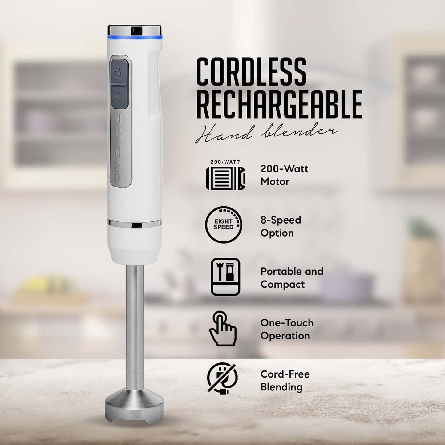 OVENTE Cordless Immersion Hand Blender, Rechargeable Handheld Portable Stick Mixer with 8 Mixing Speed Option, One-Touch Control and Stainless Steel Blades for Smoothies, Shakes or Soups, White HR781W