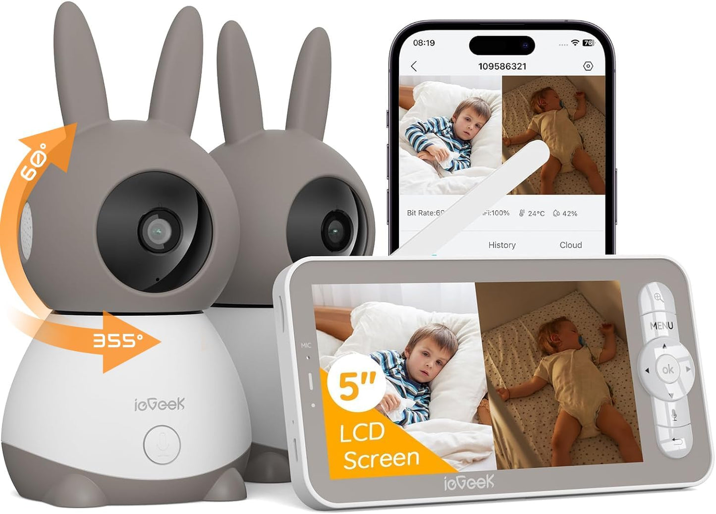 ieGeek 2K Split-Screen Baby Monitor, 5" Audio Baby Monitor with 2 Cameras, WiFi Smartphone Video Dual Camera, Night Vision, Motion & Cry Detection, Two Way Talk Temper &Humidity Sensor