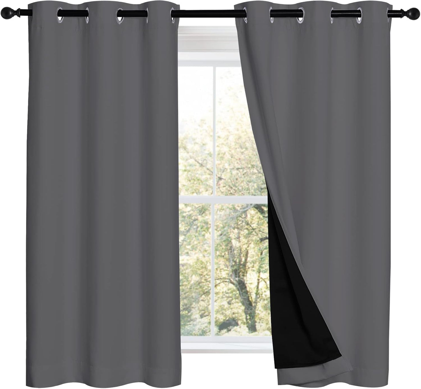 NICETOWN Grey 100% Blackout Curtains 2 Panels with Black Liners, Thermal Insulated Full Blackout 2-Layer Lined Drapes, Noise Cancellation Window Draperies for Dining Room (42-inch W by 54-inch L)