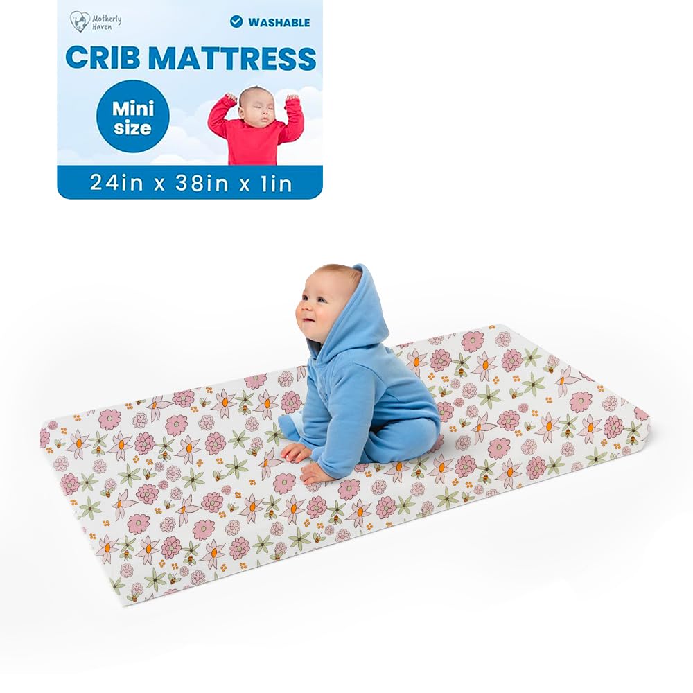 Breathable Crib Mattress, Washable High Rebound Foam for Baby Cribs, Fits Standard Toddler Beds, Mini Size (38" L x 24" W x 1" H), Flower Design