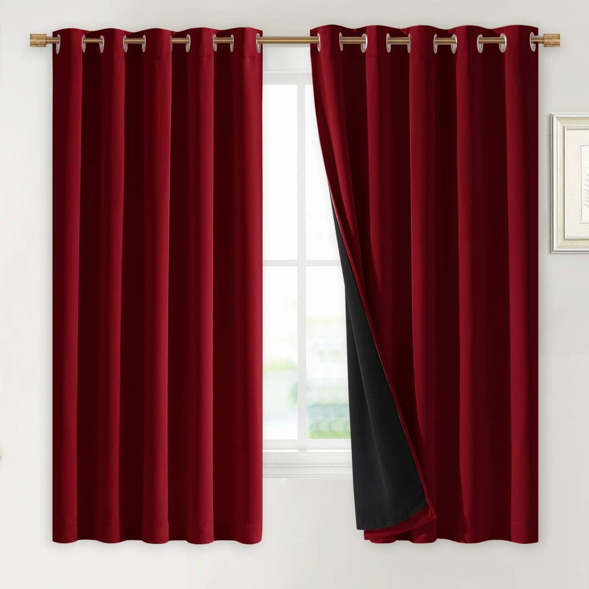 NICETOWN 100% Blackout Curtains with Black Liners, Burgundy Red, 2 Panels, 62-inch W by 63-inch L, Thermal Insulated Full Blackout 2-Layer Lined Drapes, Energy Efficiency Window Draperies for Bedroom