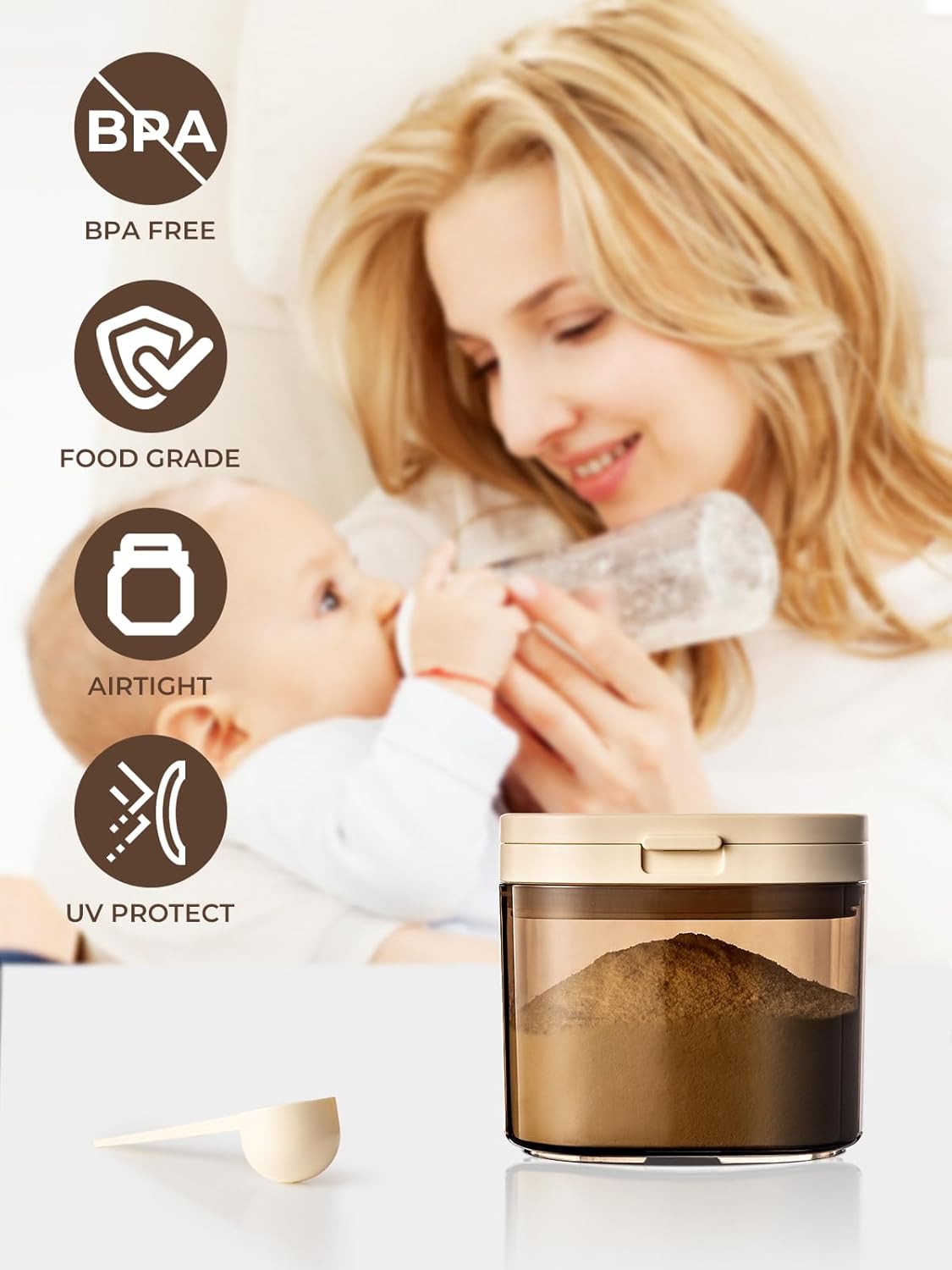 Travel Formula Container, 800ml BPA-Free Baby Formula Dispenser On The Go with Flip Top Lid, Magnetic Spoon & Date Marker, 13OZ, 0.84LB, 380g, Brown