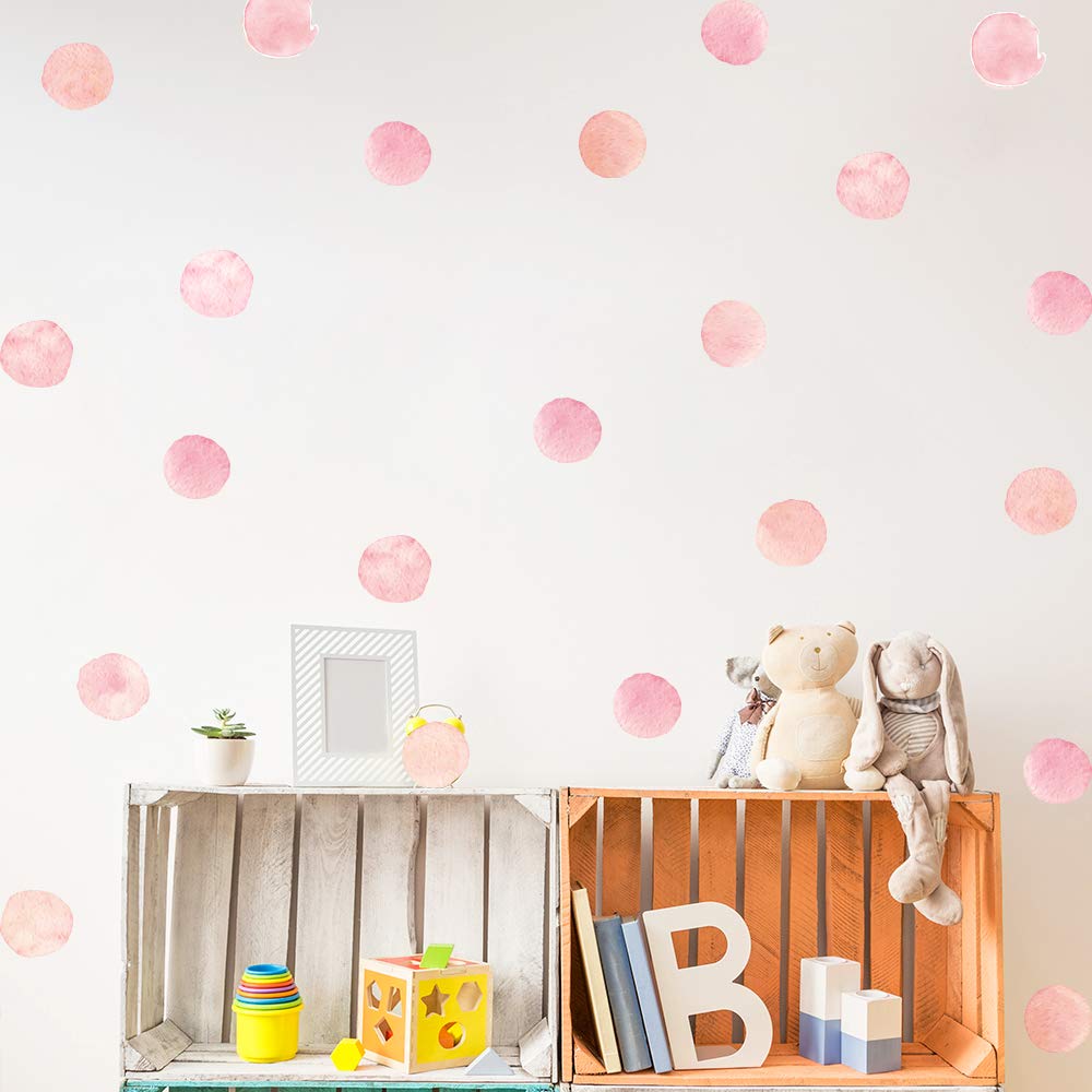 Pink Polka Dot Wall Decals 72 Pcs Watercolor Dots Wall Sticker for Kids Baby Girls Teens and Nursery Room (12 Sheets)