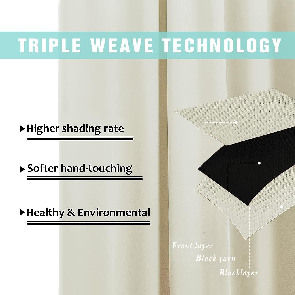 NICETOWN Living Room Completely Shaded Draperies, Privacy Protection & Noise Reducing Ring Top Drapes, Black Lined Insulated Window Treatment Curtain Panels (Beige, 2 Pieces, W70 x L63)