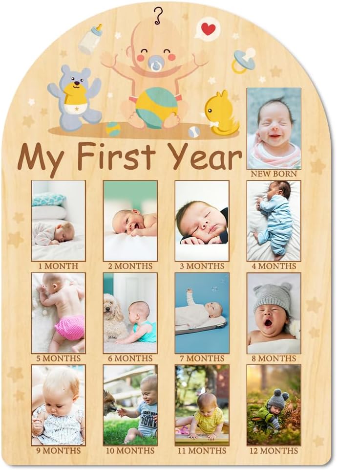 ORIGACH My First Year Baby Growth Photo Display Wood Board - 12 Months Newborn Milestones Photo Board - Neutral Baby Keepsake Frame 1st Birthday Party Nursery Decor New Mom Gift - Baby Bear & Duck